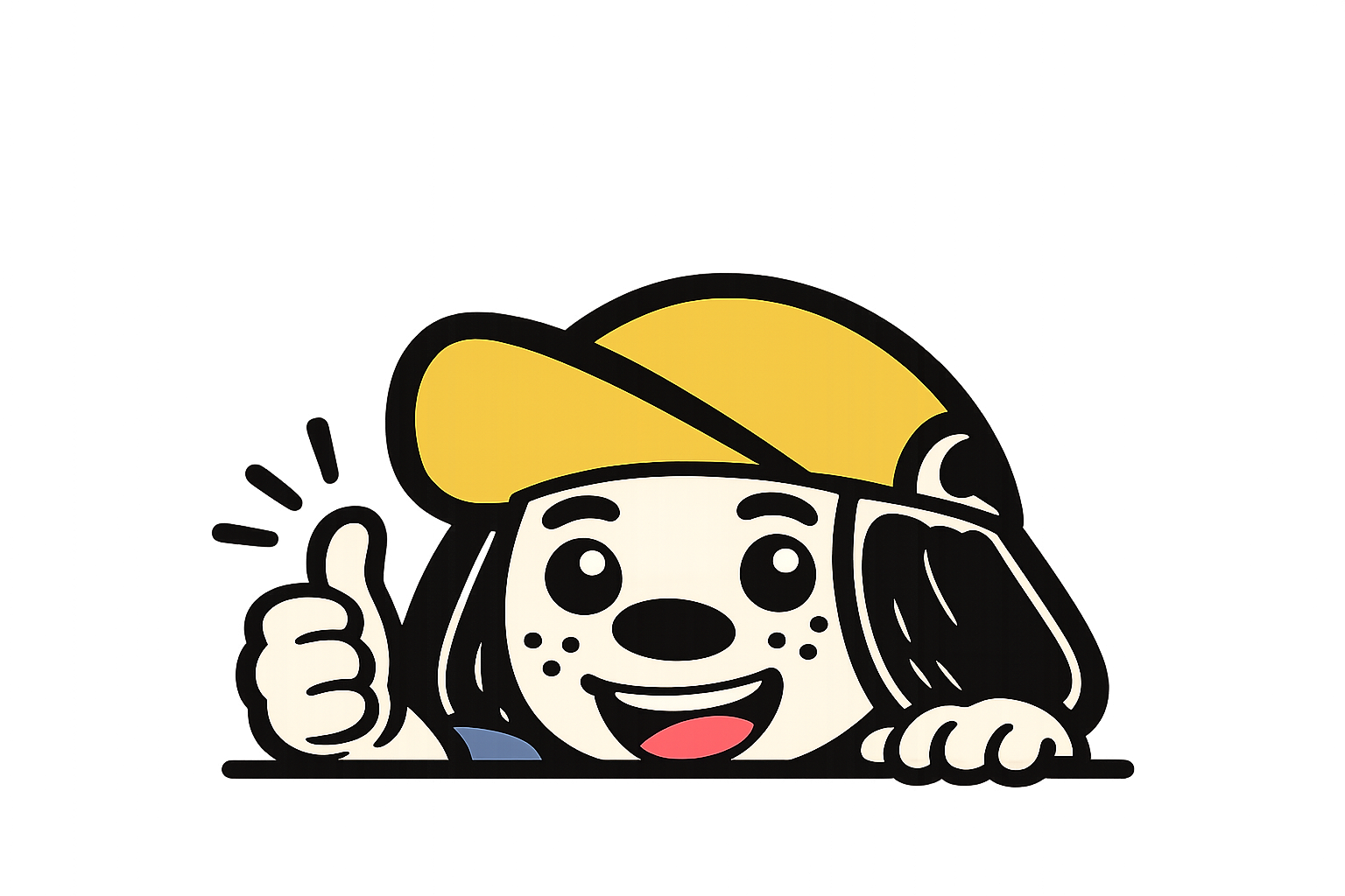 Tata, la mascota de Panama Car Republic, asomándose desde abajo con una sonrisa y el pulgar arriba en señal de aprobación.